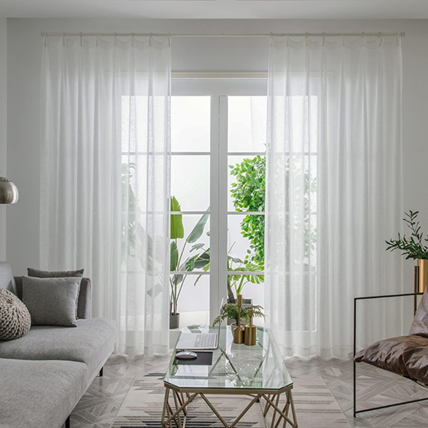 IYUEGO Linen White Solid Sheer Curtains Double Pleated Top with Custom Multi Size 50" W x 84" L (One Panel)