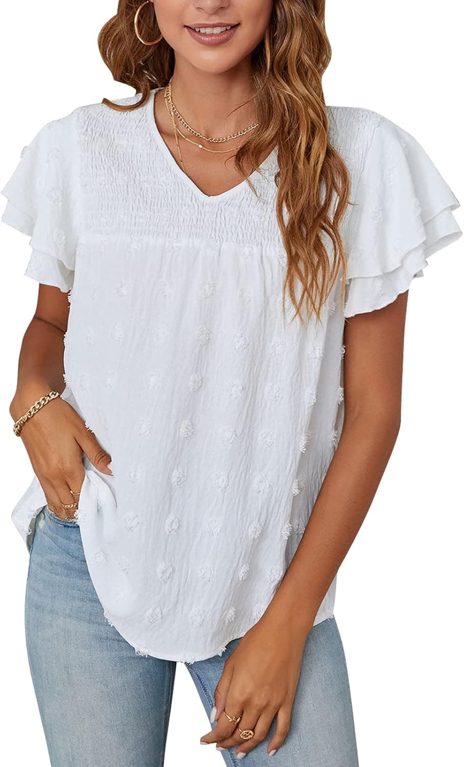 Blooming Jelly Womens White Blouse Ruffle Sleeve Tops Dressy Casual Flowy V Neck T Shirts Cute Summer Tops