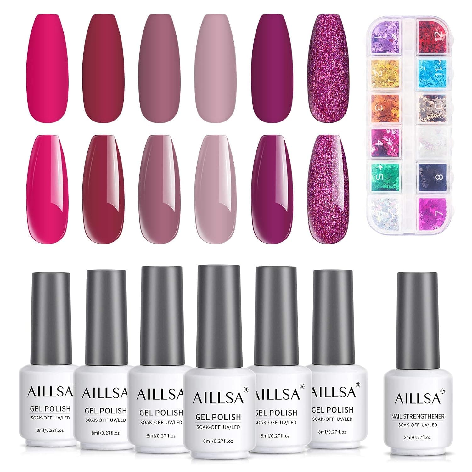 AILLSA 6 Pcs Purple Burgundy Gel Nail Polish Set, Rose Red Glitter Purple Gel Polish Kit Soak Off UV Nail Polish Gel