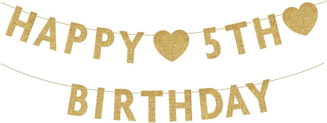 Gold Happy 5th Birthday Banner, Glitter 5 Years Old Boy or Girl Party Decorations, Supplies