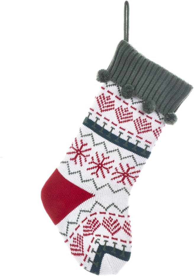 Kurt S. Adler Kurt Adler 20" Snowflake Pattern Red/Green/White Knit Pompoms Stocking