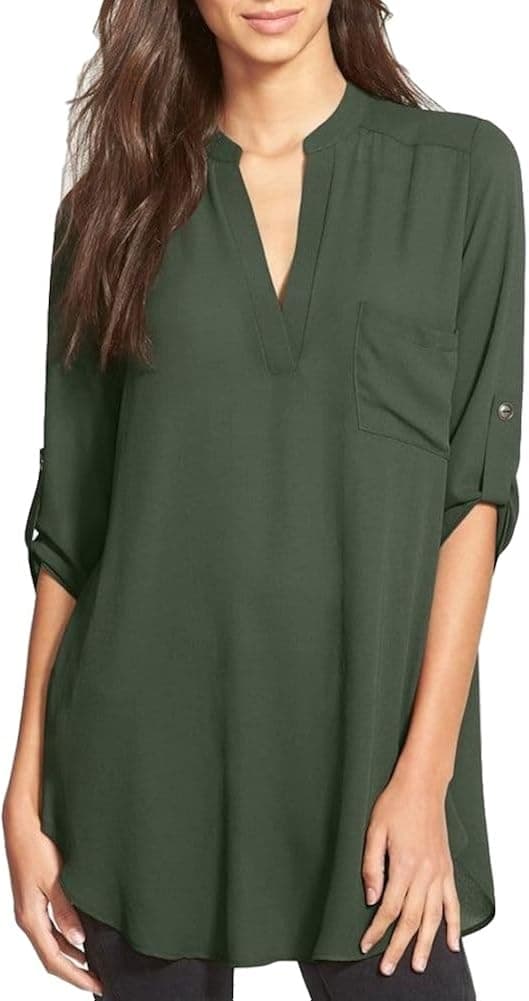 Women's Roll Tab Sleeve Tunic,Perfect Long for Leggings Shirt Cute Versatile Top