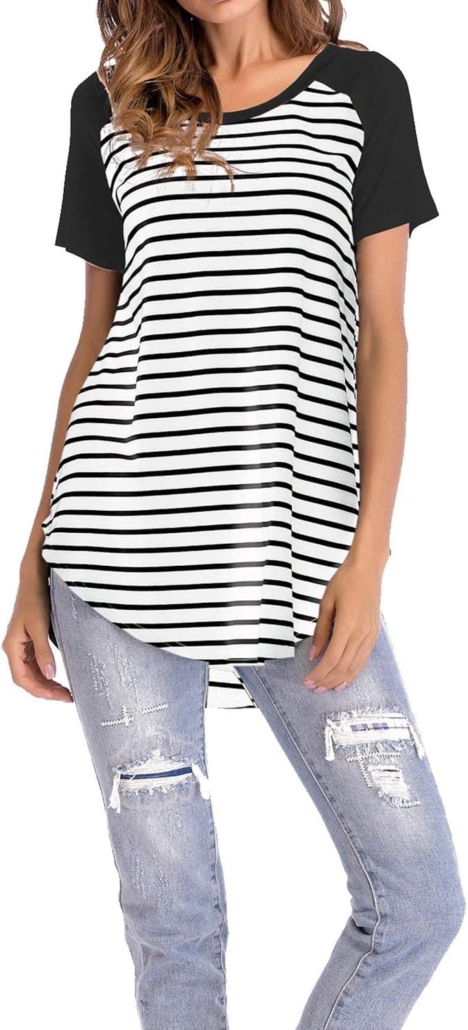 Womens Summer Black-White and White Striped Raglan Short Sleeve Baseball T Shirt Tops Sports Tunic Blouse Black-White X-Large