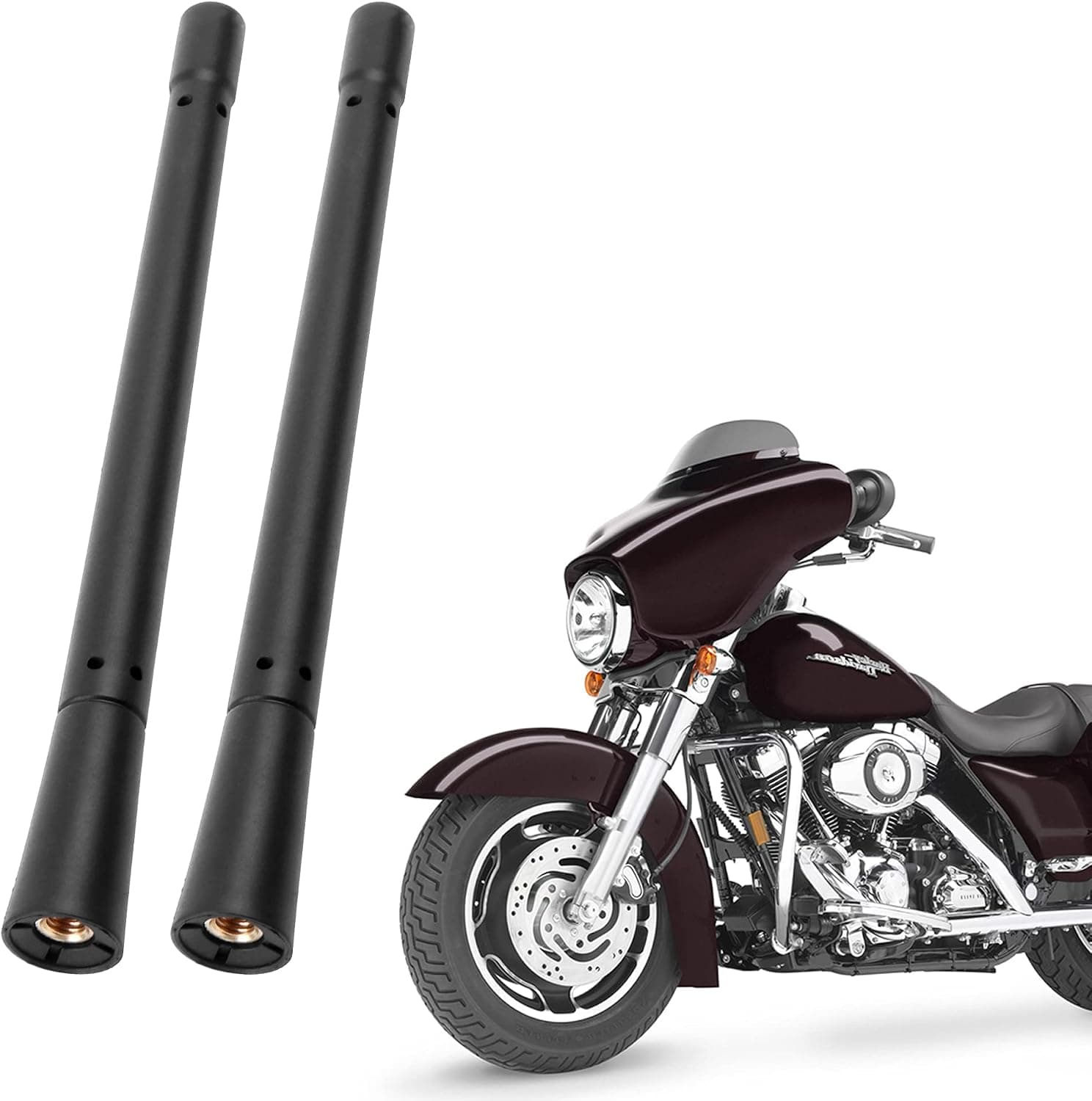 KSaAuto H12 Pair AM/FM Radio Antenna for Harley Davidson Road Street Electra Tour Glide (20 Types Optional) 7 Inch Polished, Copper Core & Screw, Flexible Rubber, Motorcycle Antenna