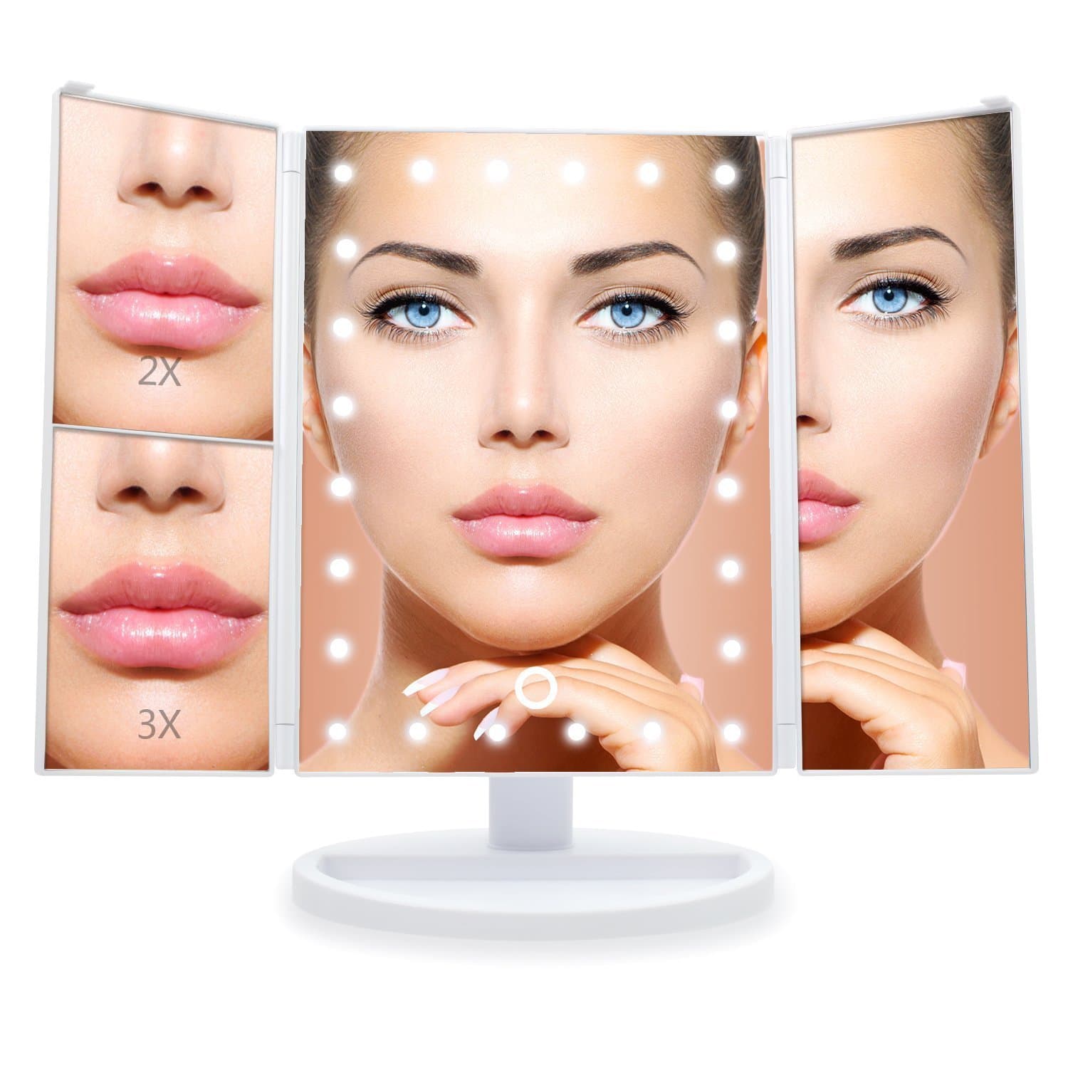 Jessie Cake - Tri Fold Makeup Vanity Mirror with 21 adjustable LED Lights, 3x/2x Magnification, Touch Screen and 180° Adjustable Rotation, Dual Power Supply, Countertop Cosmetic Mirror (Pearl White)