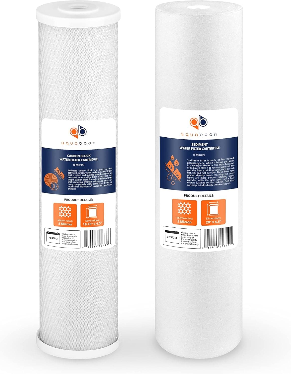 Aquaboon 5 Micron BB 20" x 4.5" CTO Carbon Block & Sediment Replacement Filter Cartridges Set | 1 set, 2 packs FC25BX4, 32-450-20-GREEN, EP20-BB, 2C-20BB, 155358-43, DGD-5005-20, 33003117-1