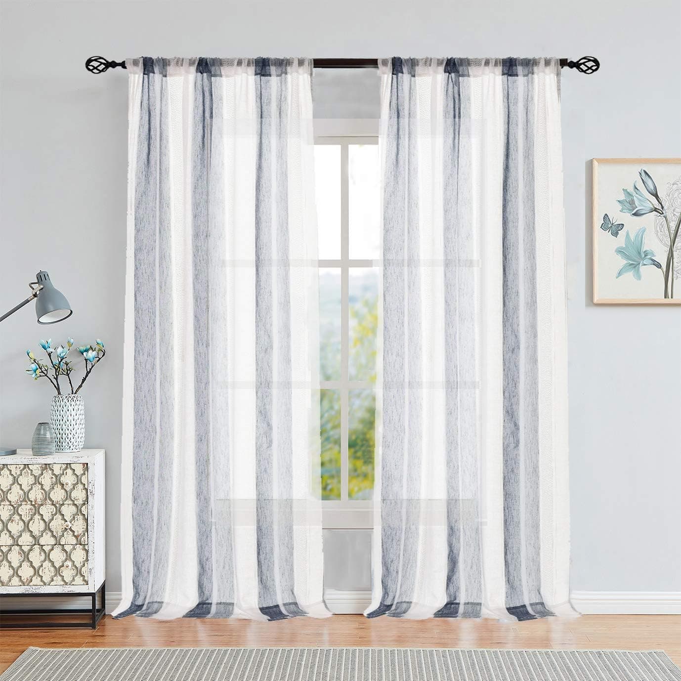 Central Park Sheer Navy Blue and White Stripe Farmhouse Curtains Boucle Linen Window Curtain Panel Pairs Yarn Dyed Woven 95 Inches Long for Living Room Bedroom 2 Pack Rod Pocket Rustic Living Panels
