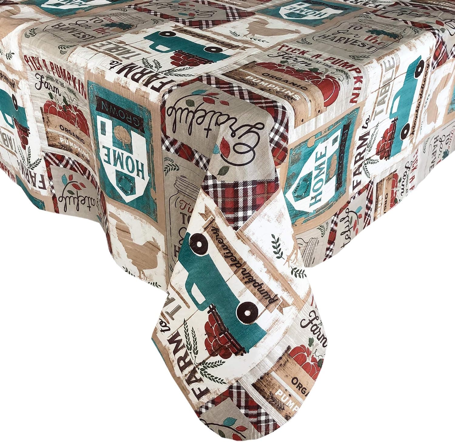Newbridge Teal Brookside Autumn Farm House Vinyl Flannel Backed Thanksgiving Tablecloth - Farm to Table Cottage Fall Season Easy Care Vinyl Tablecloth, 70” Round