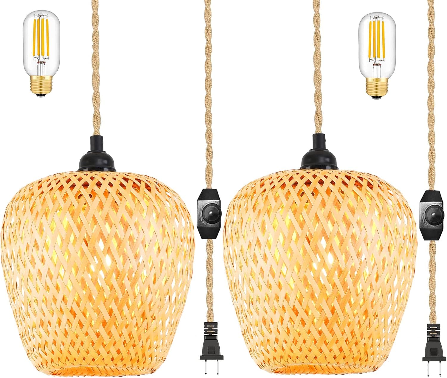 Plug in Pendant Light 14feet Hemp Rope Cord Bamboo Lampshade Wicker Rattan Hanging Lights Fixture with Plug in Cord Hanging Lamp with Dimmable Switch
