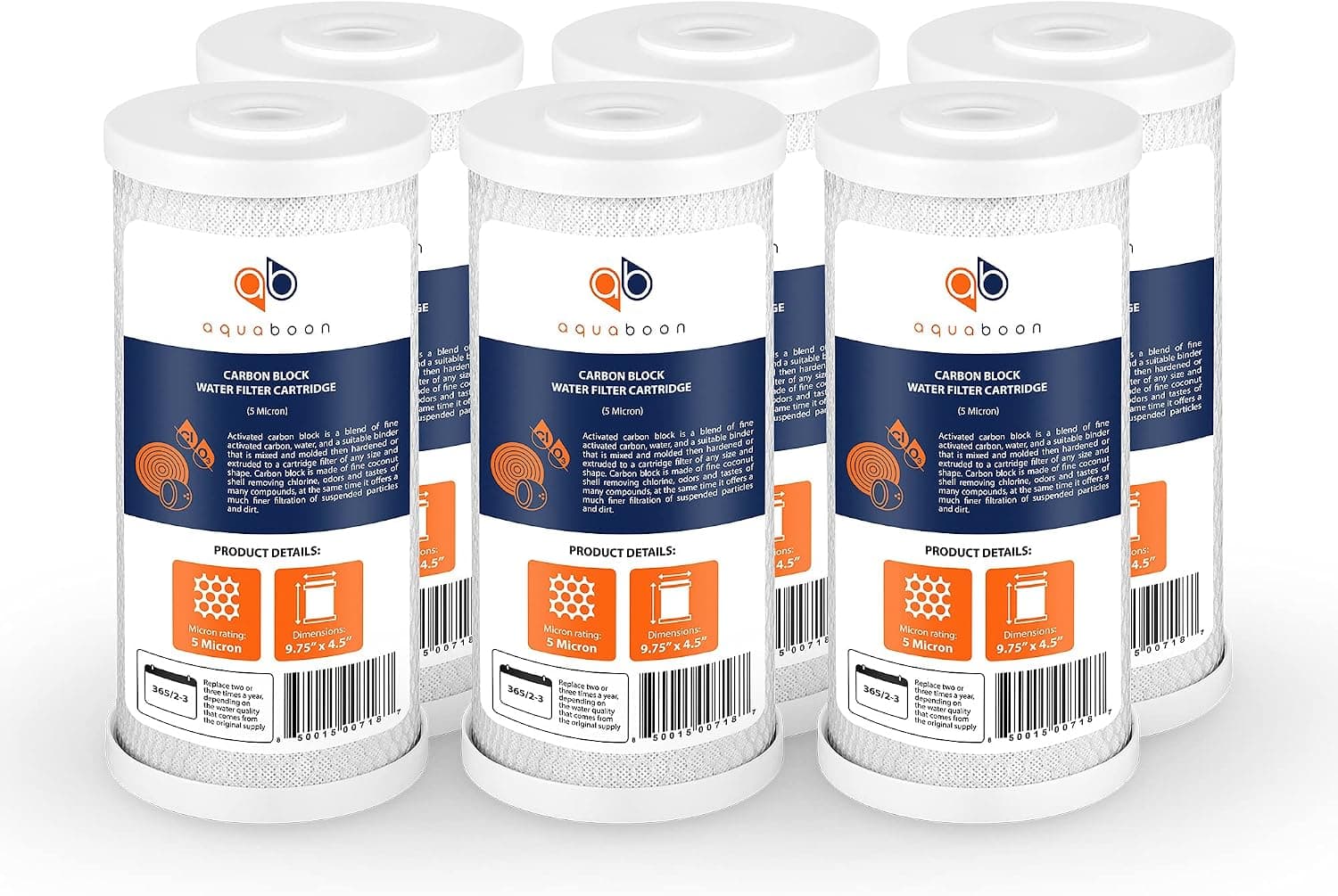 Aquaboon Coconut Shell Water Filter Cartridge | Activated Carbon Block CTO | Universal Whole House 5 Micron 10 inch Cartridge | Compatible with WFHDC8001, CB-BB-10, EPM, EP-BB 6-PACK
