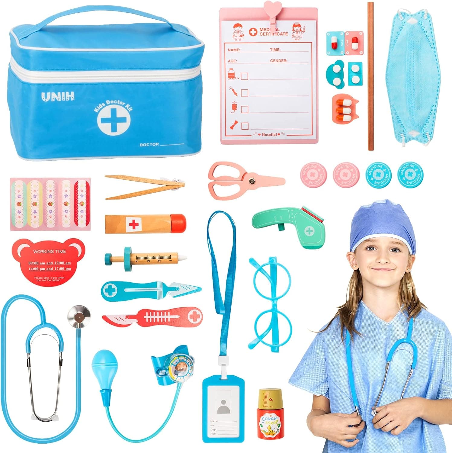 UNIH Doctor Kit for Kids, 30 Pieces Doctor Toys Medical Kit, Wooden Doctor Playset ,Doctor Kit for Toddlers 3-5, Toddler Girl Toys Gifts for 3 4 5 Year Old Boy Girl