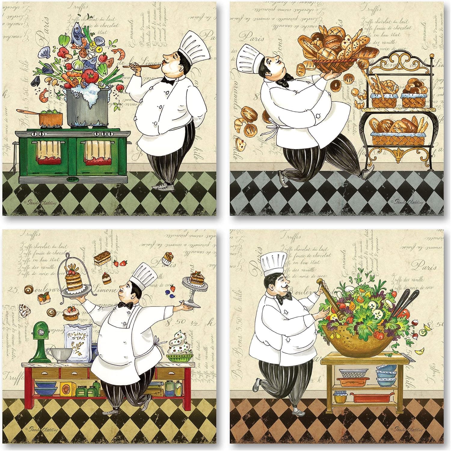 Classic Retro Chef; Soup, Salad, Pastry and Bread; Kitchen Decor; Four 12x12 Poster Prints