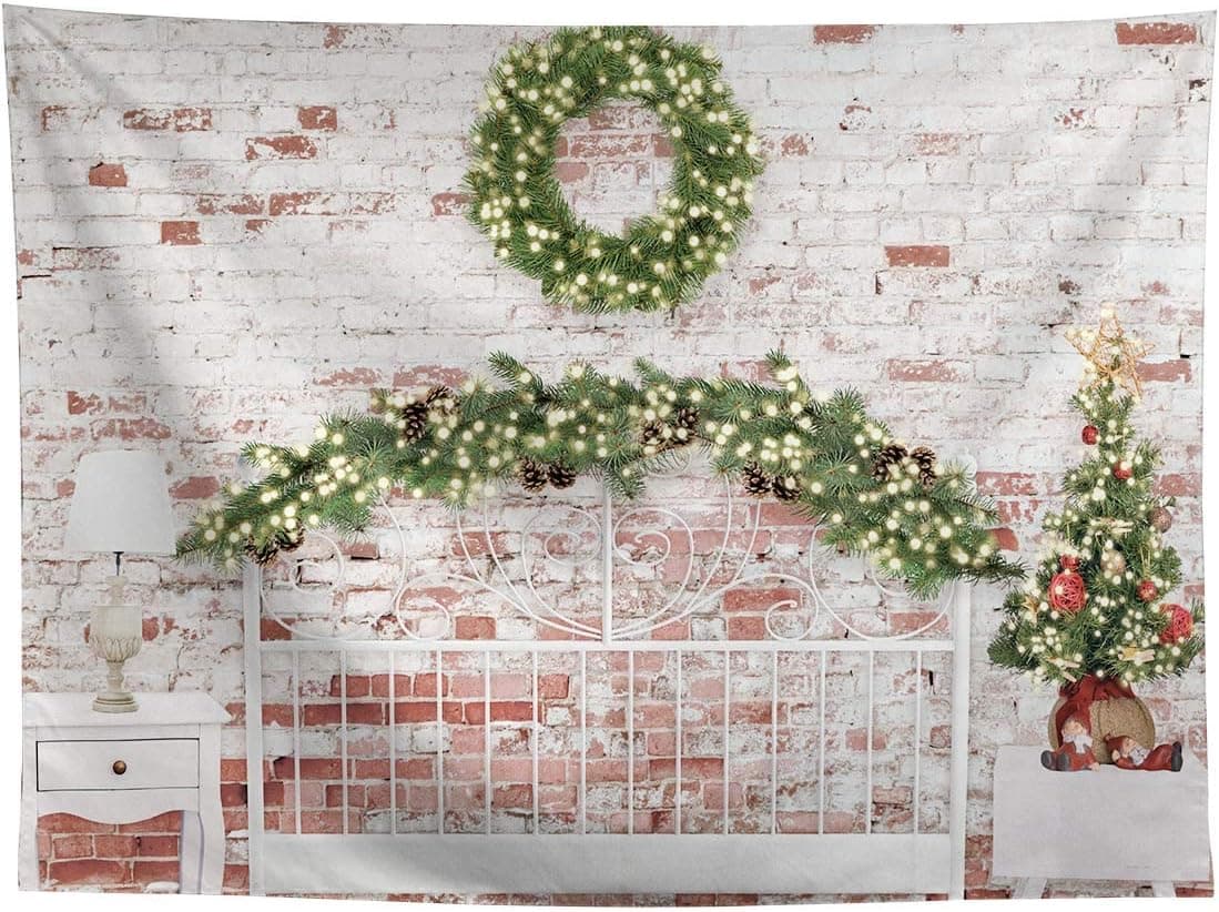 Allenjoy 8x6ft White Christmas Headboard Bed Brick Wall Photography Backdrop Supplies for Pictures Holiday Family Newborn Kids Decors Winter Birthday Party Decorations Background Studio Photoshoot