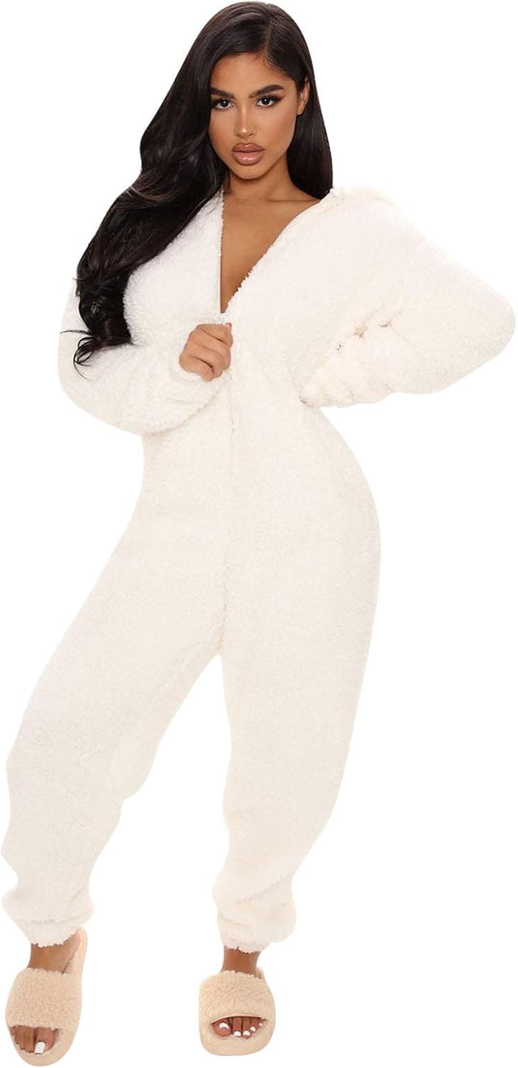 Women One Piece Fleece Pajamas Onesie Hooded Zipper Romper Jumpsuit Fuzzy Warm Sherpa Sleepwear Homewear
