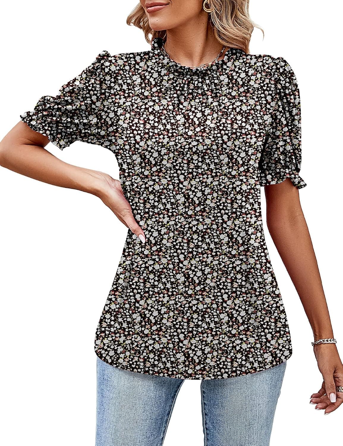 Ficerd Women's Short Ruffle Puff Sleeve Crewneck Blouses Frill Mock Neck Casual Tunic Dressy Tops Keyhole Back Loose Shirts
