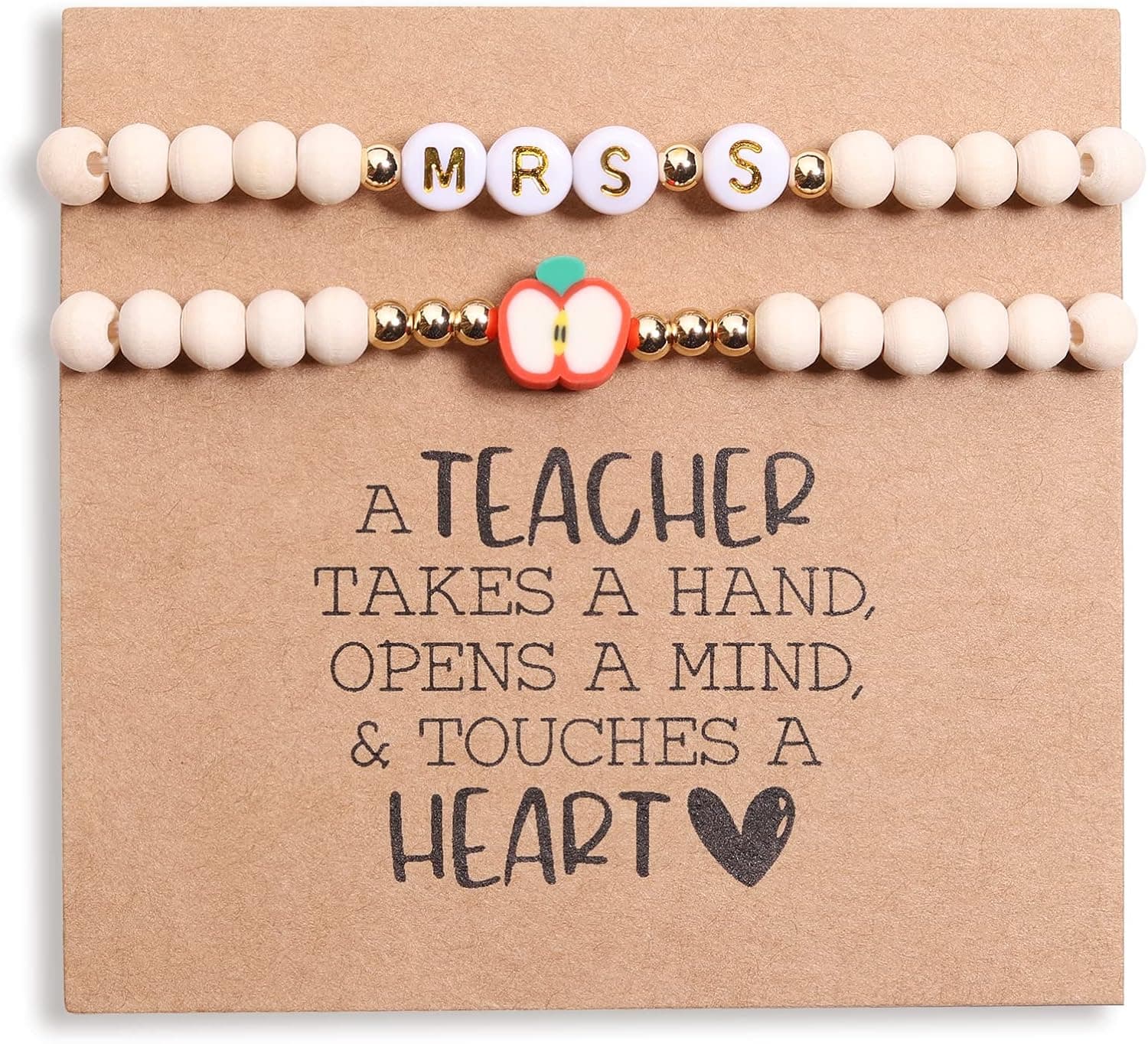 Miss Pink Personalized Teacher Appreciation Gifts Teacher Bracelet for Women, 2 Pcs Wood Beaded Bracelets Elastic Teacher Gifts, New Teacher Must Have for Women And Teen Girls