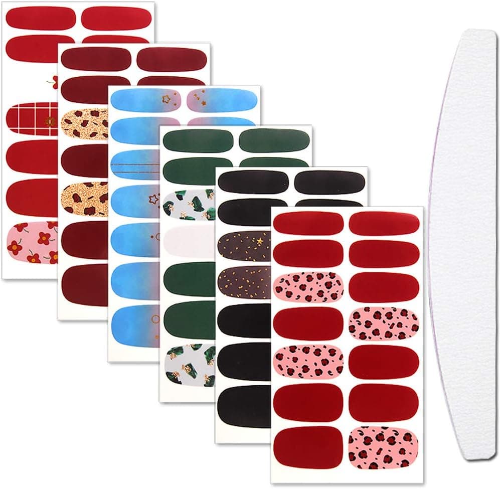 WOKOTO 6 Sheets Full Wraps Nail Art Polish Stickers Tips With 1Pc Nail File Leopard Print Design Adhesive Nail Decals Manicure Kit