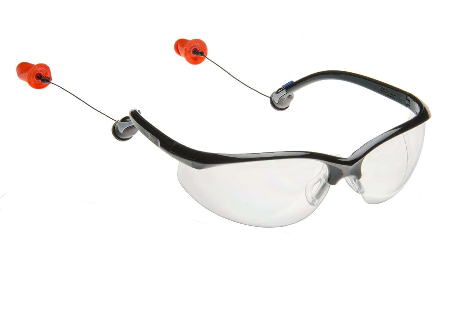 PlugsSafety PSGLS2A-DF Polycarbonate Hard Coated Safety Glass with Durafoam Ear Plugs, Clear Anti-Fog Lens, Black Frame