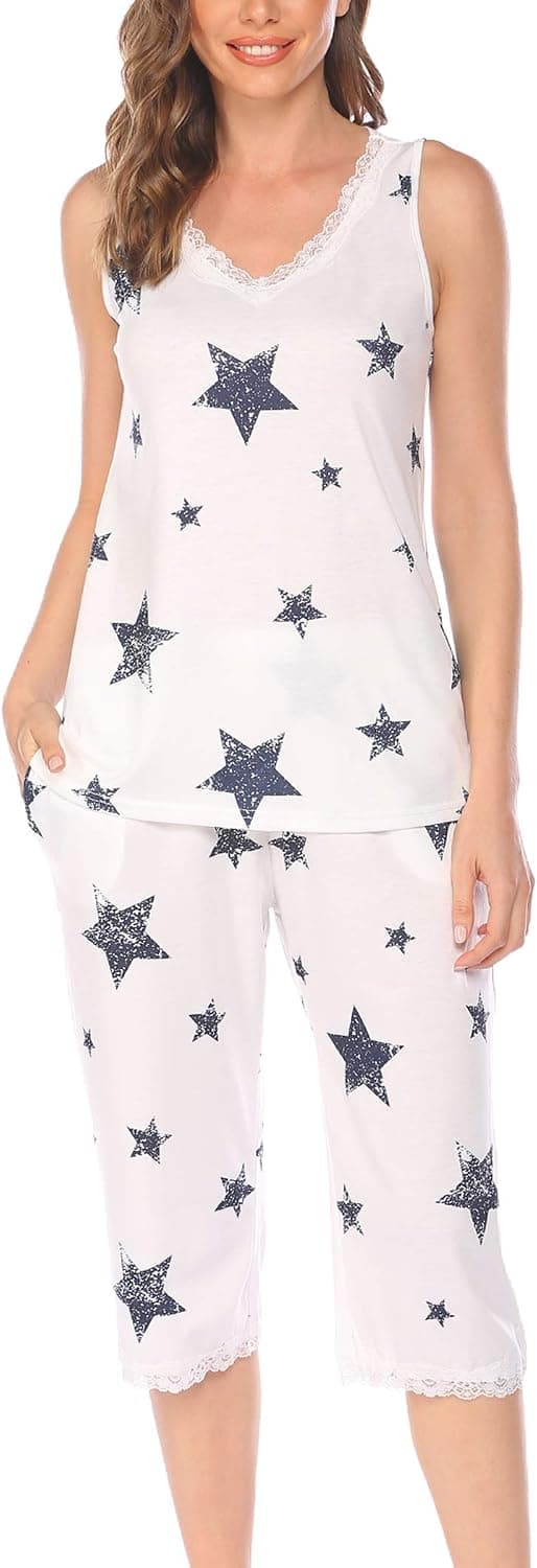 ELOVER Womens Pajama Set Lace Sleepwear Tank Top with Capri Pants Nightwear Pockets PJ’s Lounge Sets