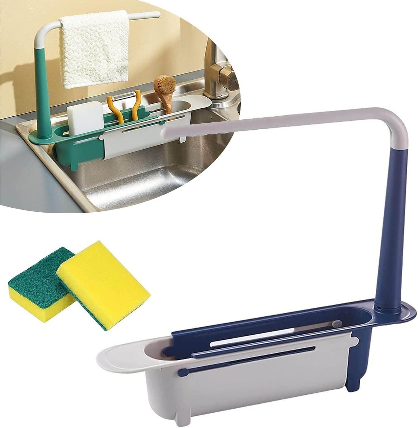GDSAFS Updated Telescopic Sink Storage Rack, Adjustable Length Drainer Sink Storage Tray Sponge Soap Holder with Dishcloth Hanger Expandable Storage Drain Basket for Home Kitchen (Blue)