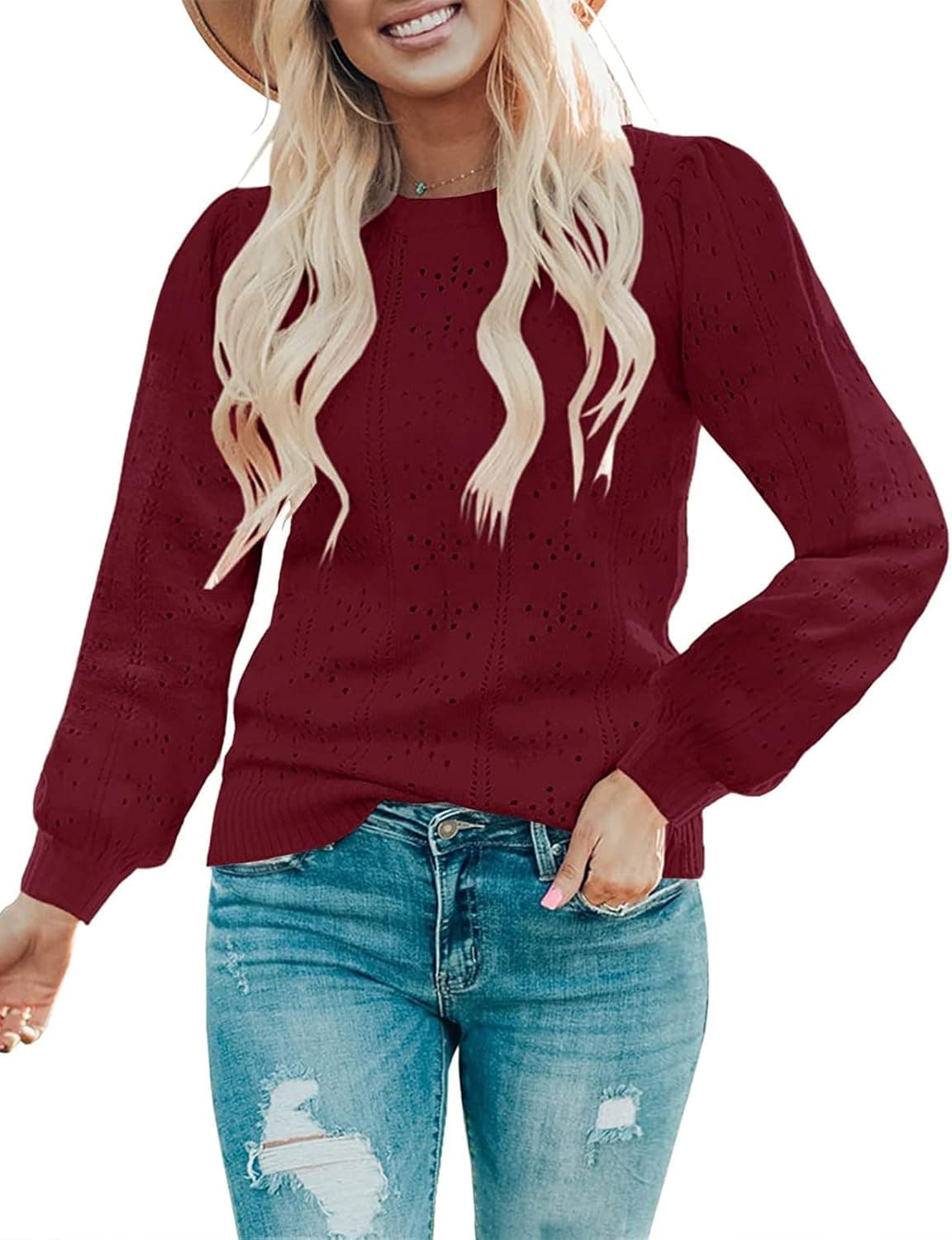Cucuchy Womens Puff Long Sleeve Sweaters Tops Soft Crew Neck Knit Pullover Shirt