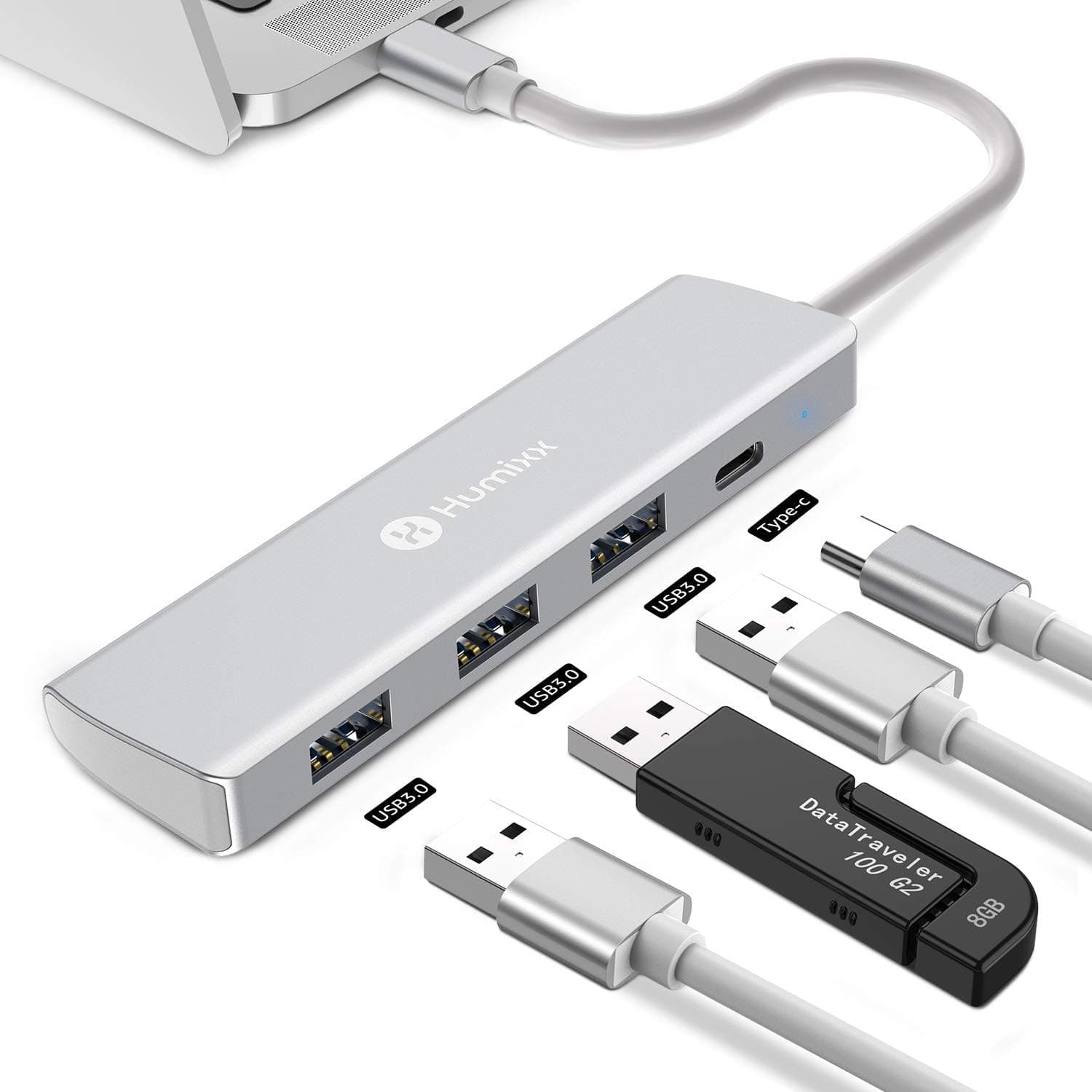Humixx USB-C Hub, 4 in 1 USB with 3 USB 3.0 Ports, 1 PD Charging Port Ultra Slim Aluminum USB C Adapter Compatible for MacBook Air/Pro (2018/2017/2016), and More Device with USB C Ports