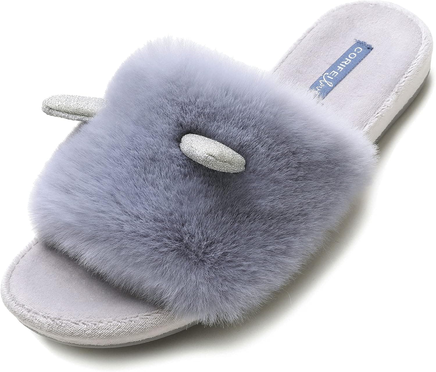 CORIFEI Fluffy Slippers for Women, Open Toe Cozy Fuzzy House Shoes with Arch Support, Cat Ears Design (Blue Size 9.5-10)