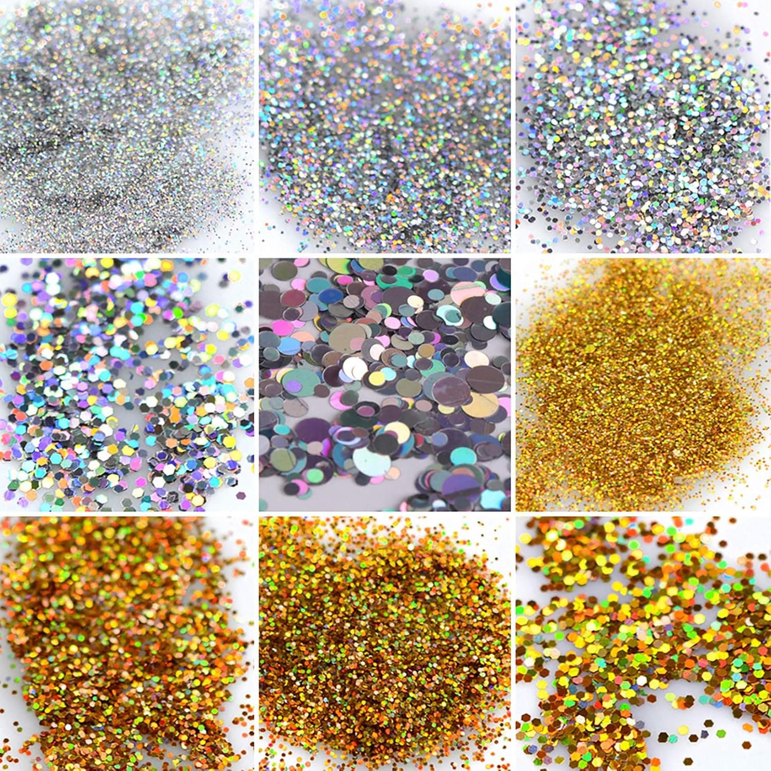 Falliny 12 Shape Gold and Silver Nail Glitter Sequins, 3D Thin Laser Nail Art Flake Acrylic Paillettes, Holographic Nail Sparkle Glitter for Nail Art Decoration
