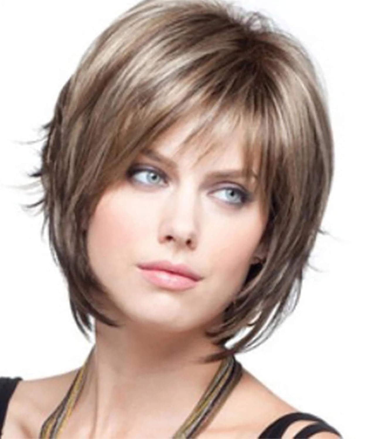 FEOYA Wigs Women Hair Replacement Bob Curly Wig Natural Looking Wig with Bang Wavy Wig Brown Wig Straight Hair (S2A)