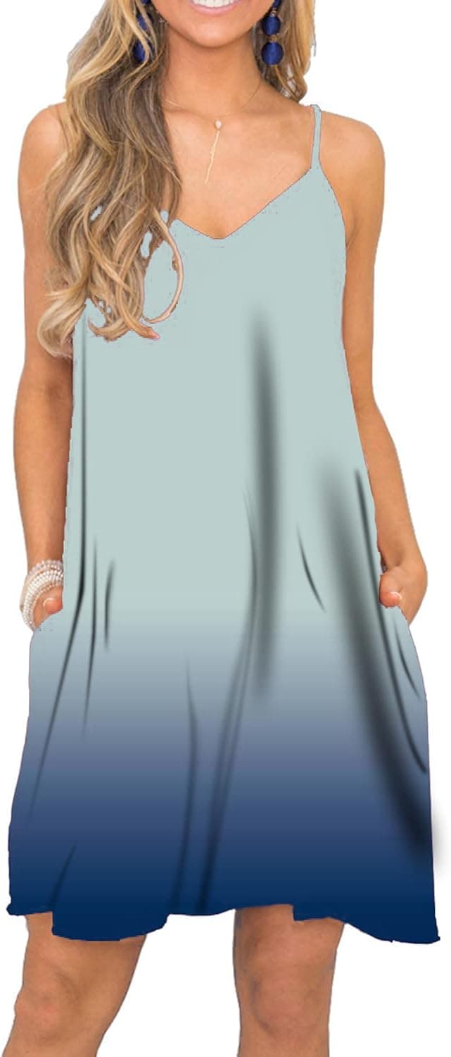 BEUFRI Women's Summer Spaghetti Strap Casual Swing Tank Beach Cover Up Dress with Pockets (2XL, Gradient Green)