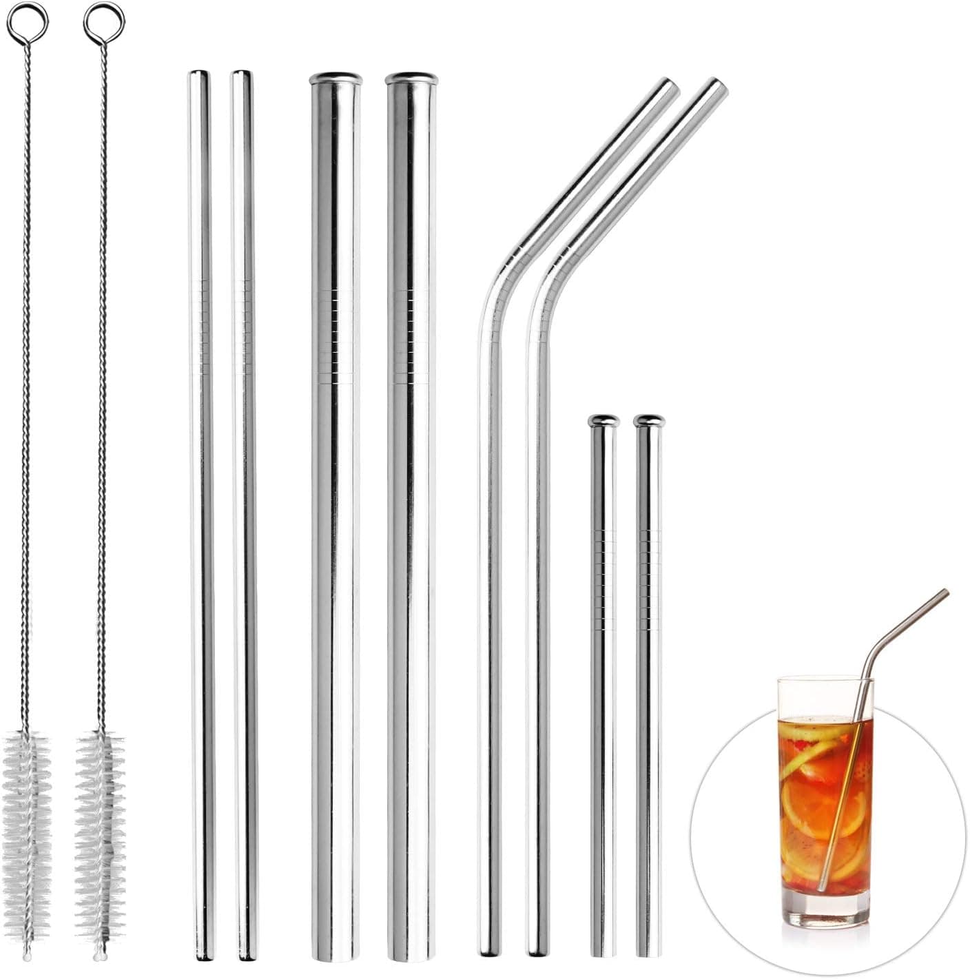 Reusable Stainless Steel Drinking Straws - Set of 8 Assorted Metal Straws 2 Straight and 2 Bent for 20oz 30oz Tumbler, 2 Extra Wide Smoothie Straw, 2 Short for Cocktail Martini Kids by ELITEA (Silver)