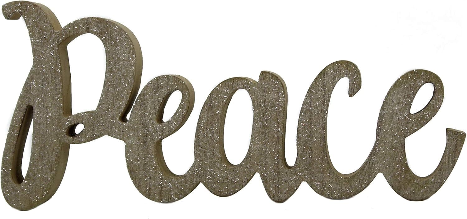 Windy Hill Collection 12" x 5.5" Peace Freestanding Glitter Cutout Natural Wood Block Home Décor (Wood, White)