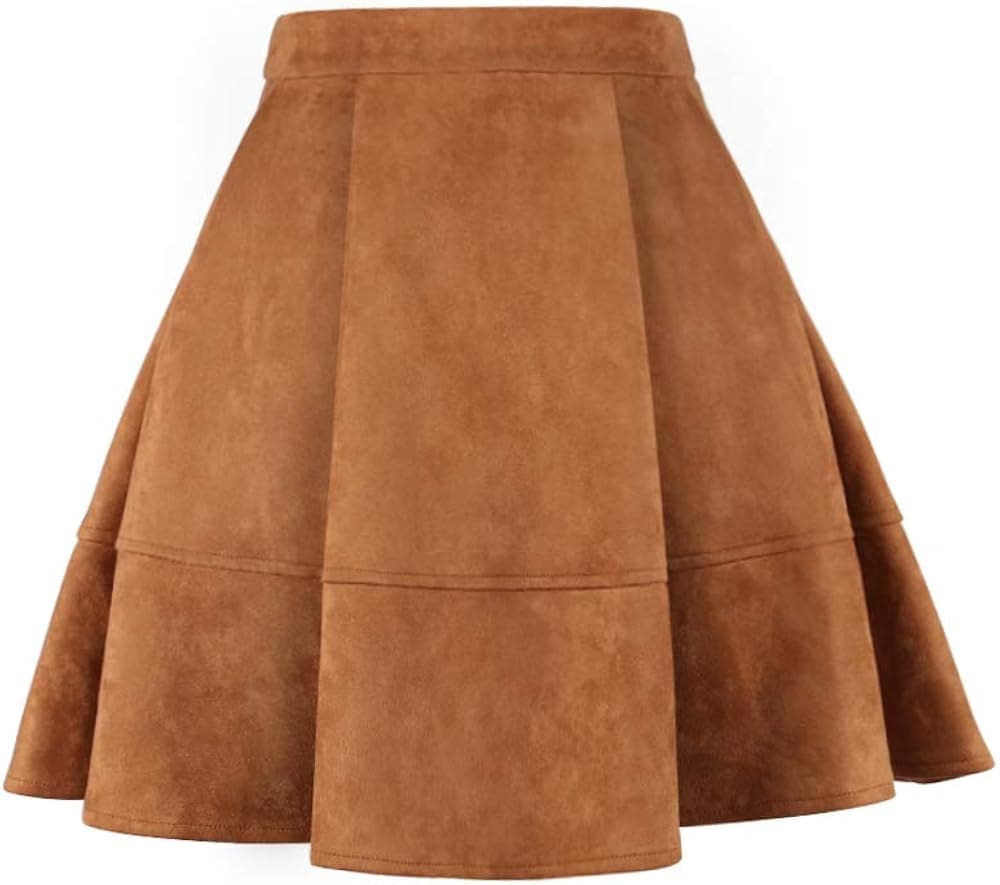 EXLURA Womens Faux Suede High Waist Pleated Short Skirt Elastic Button Front Skater Mini Skirt