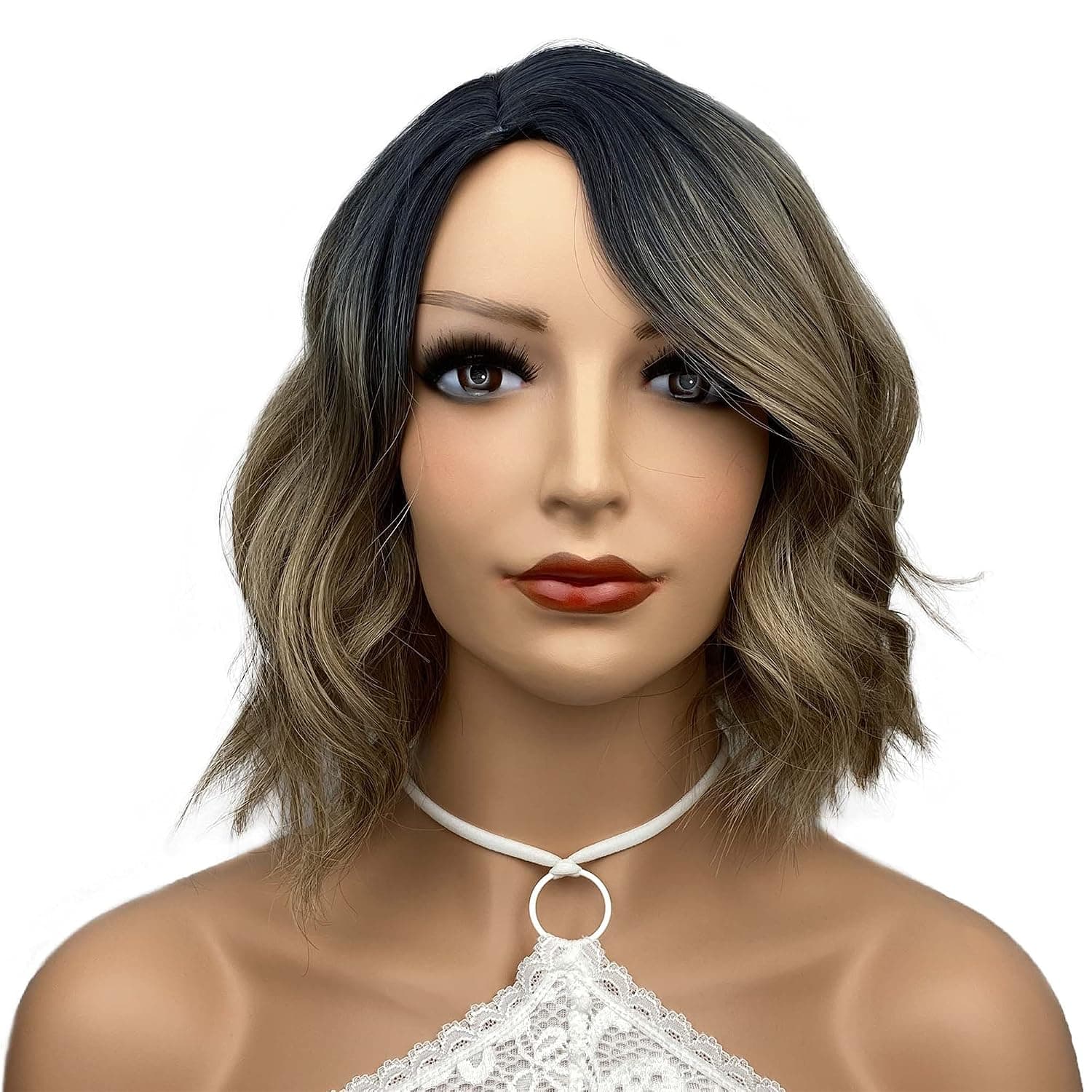 Aimole Short Wavy Heat Resistant Wig Bob Cuts Hairstyle for Women Light Brown Ombre Synthetic Hair Full Wigs