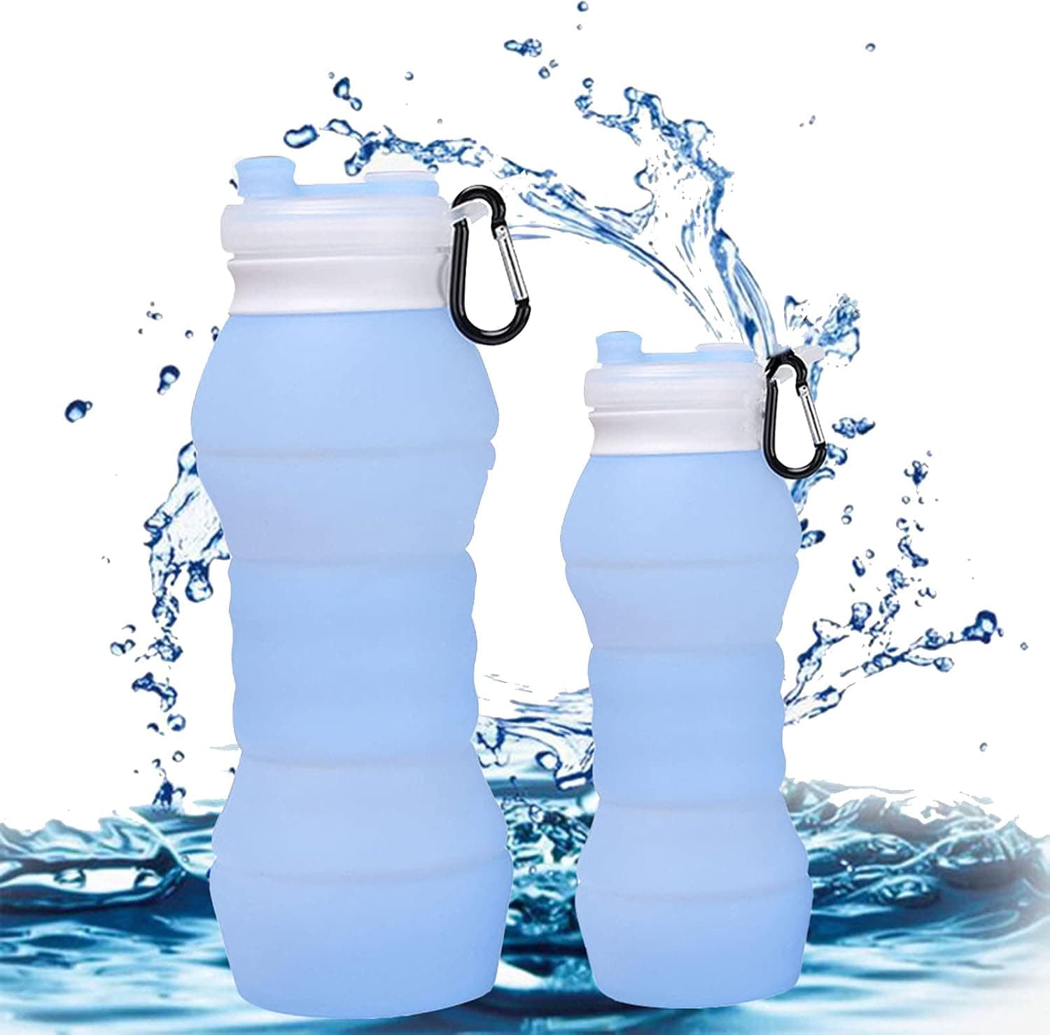 Collapsible Sport Water Bottle BPA Free, 2 Pack Silicone Reusable Travel Water Bottles For Hiking Biking Running Outdoor Gym,Foldable Leak Proof Portable Cycling Cups With Carabiner (Blue, 18oz + 12oz)