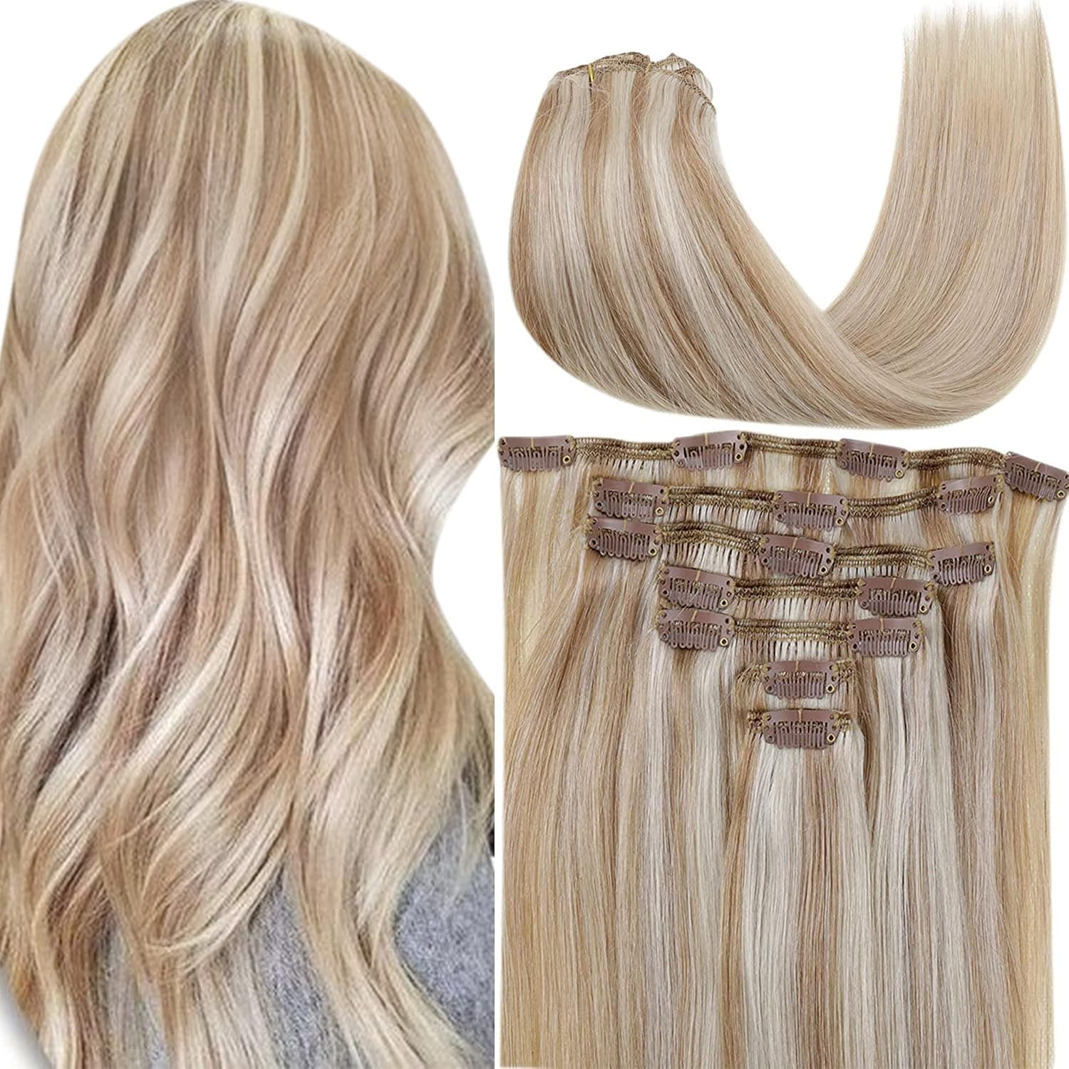 [RE] Clip in Hair Extensions Human Hair Brown Highlight Platinum Blonde Hair Extensions Clip in Human Hair 18 Inch 7Pcs 100g Clip in Extensions Real Hair