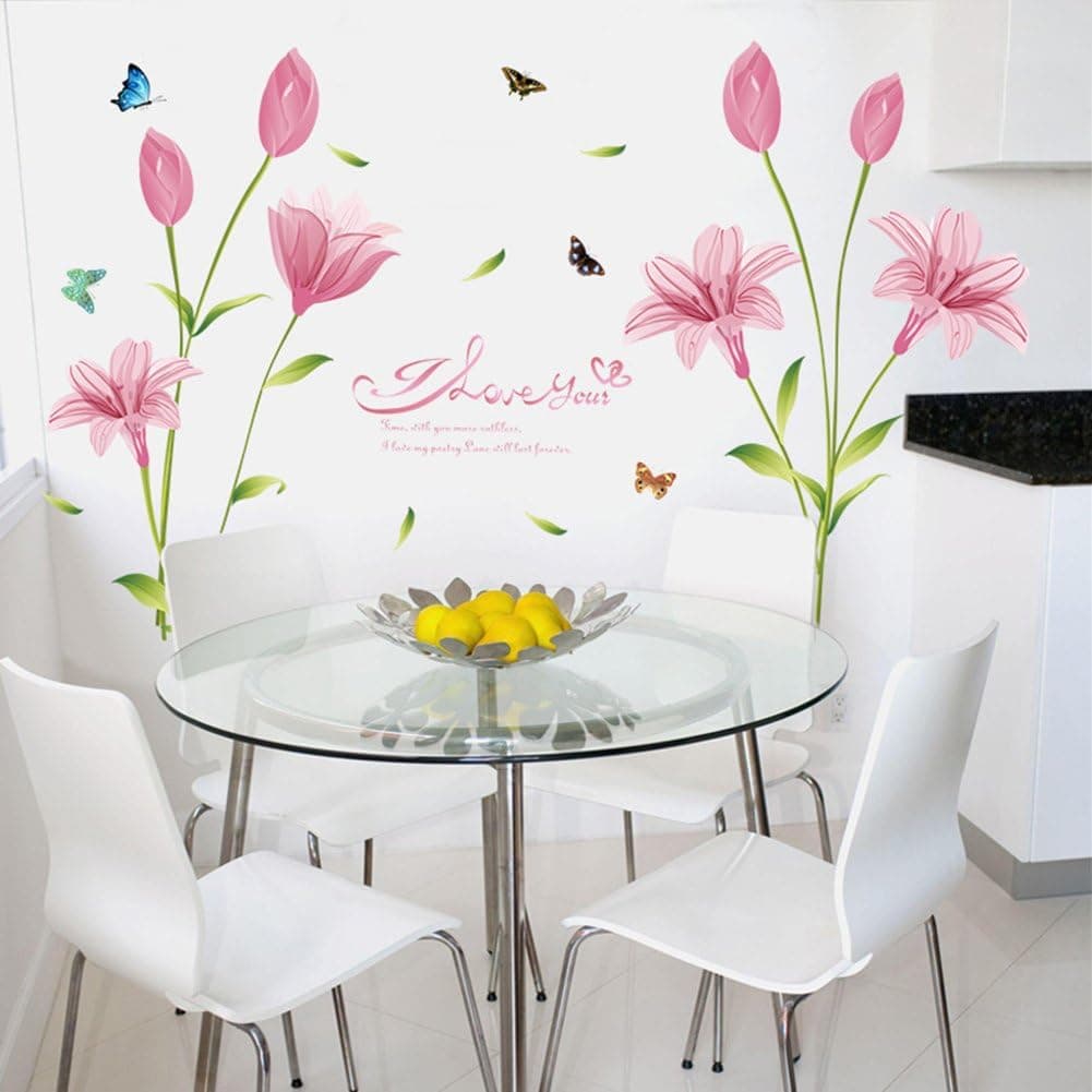 WMdecal Removable Large Lily Flower Wall Vinyl Decals for TV Wall Easy to Apply Peel and Stick Wallpaper Art Stickers for Living Room (Pink)