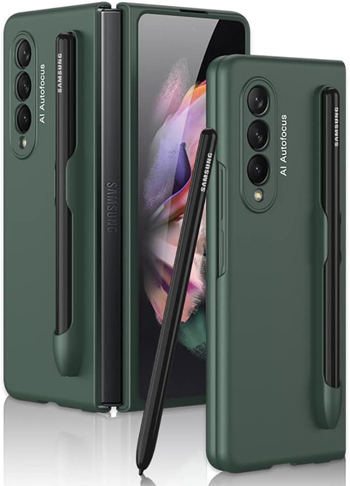 SHIEID Samsung Fold 3 Case with S Pen Holder, Slim PC Fold 3 Case with Pen Holder, Ultra-Thin Designed for Samsung Galaxy Z Fold 3 5G Case, Dark Night Green