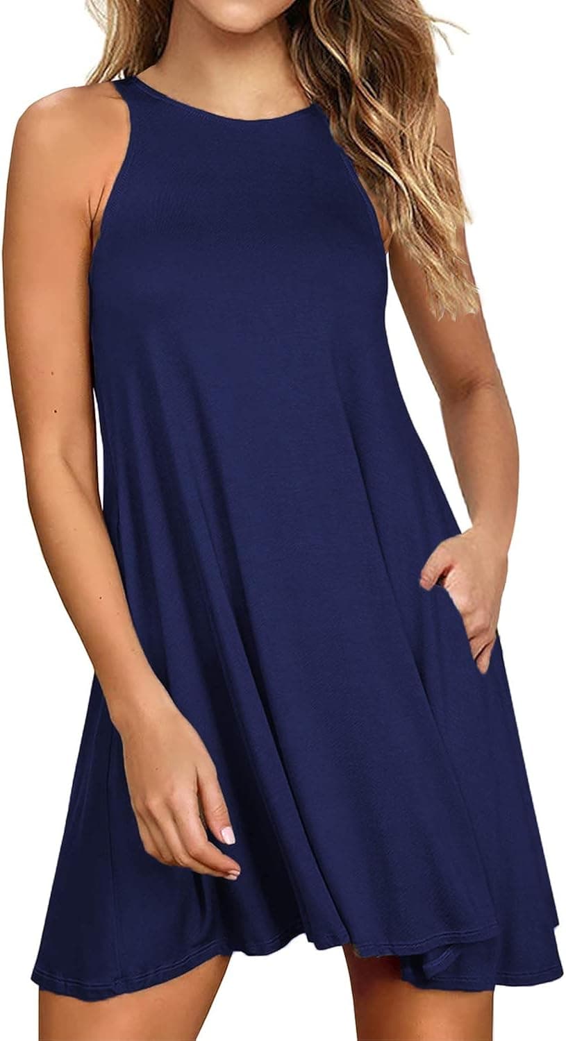 Lamilus Women's Casual Summer Tshirt Dresses Sleeveless Boho Beach Sundress Dress with Pockets