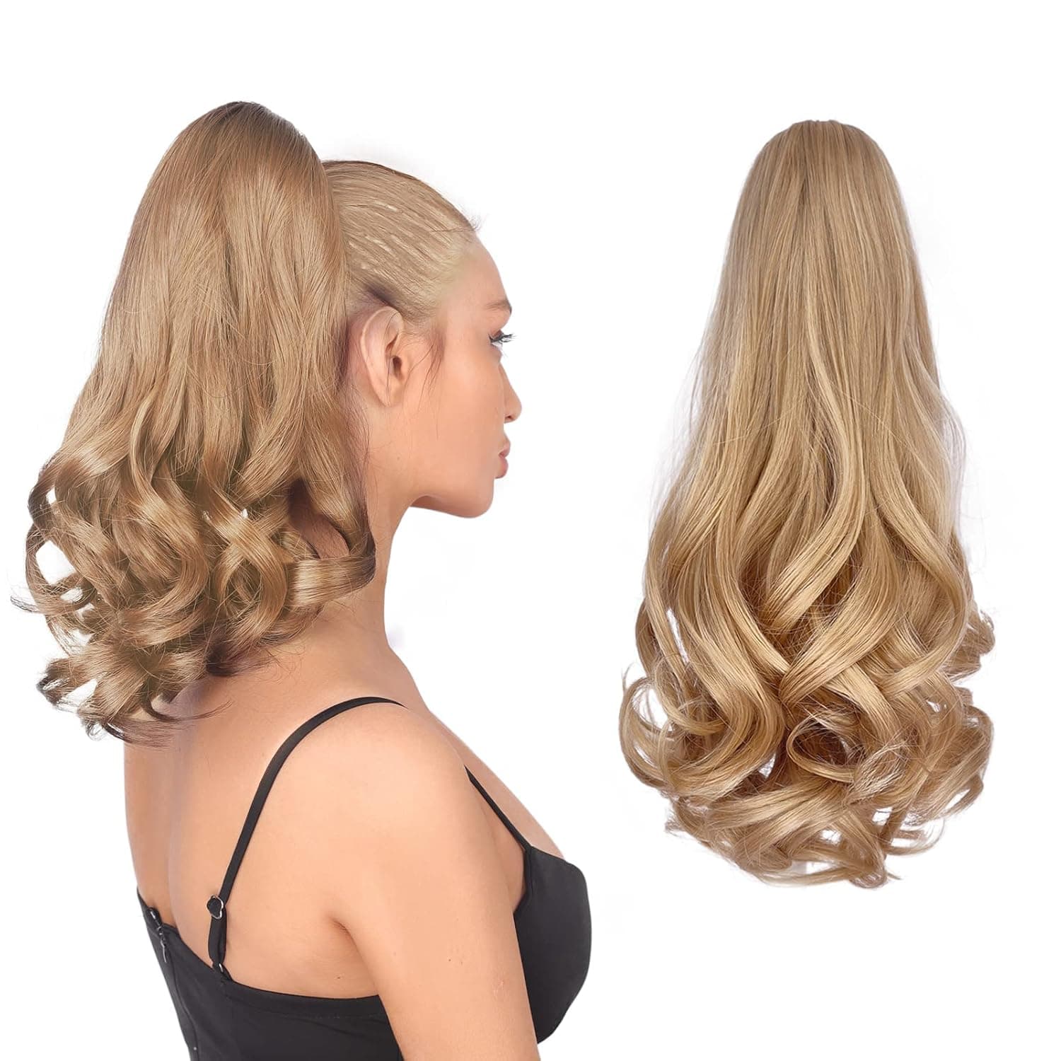 LVLUOHAO Ponytail Extension Claw Clip In Ponytail Hair Extension 16 Inch Short Wavy Curly Loose Fake Ponytails Hairpieces Wig Synthetic Ponytails Extension Hair for Women Hair Piece (Pale Blonde)