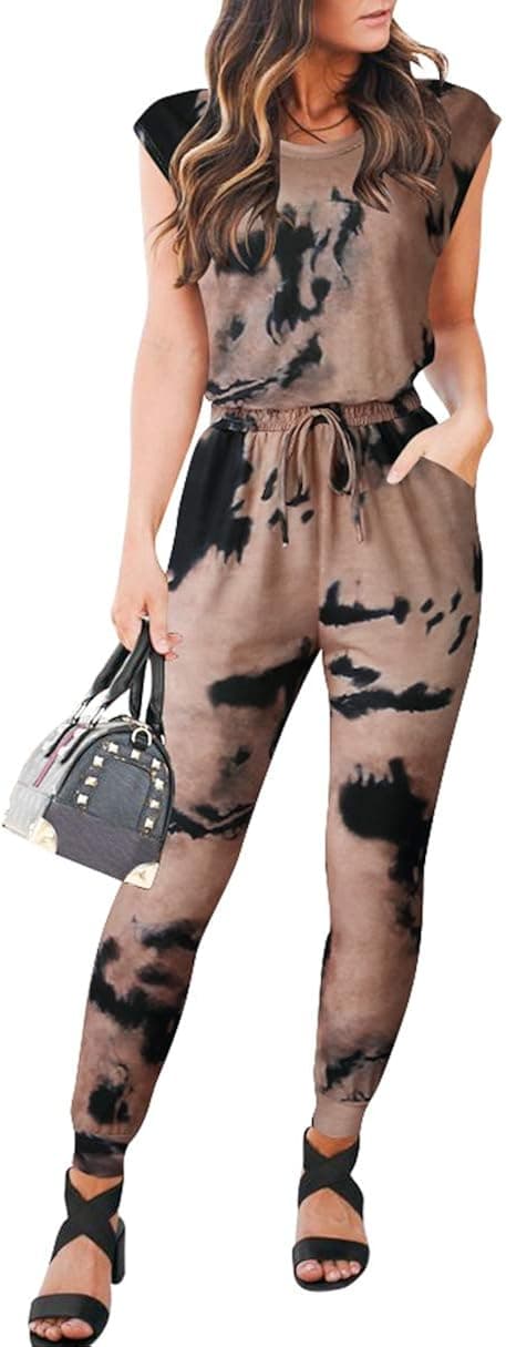 ANRABESS Women's Tie Dye Short Sleeve Round Neck Elastic Wasitc Jumpsuits Rompers with Pockets A331gutonghuang-XL