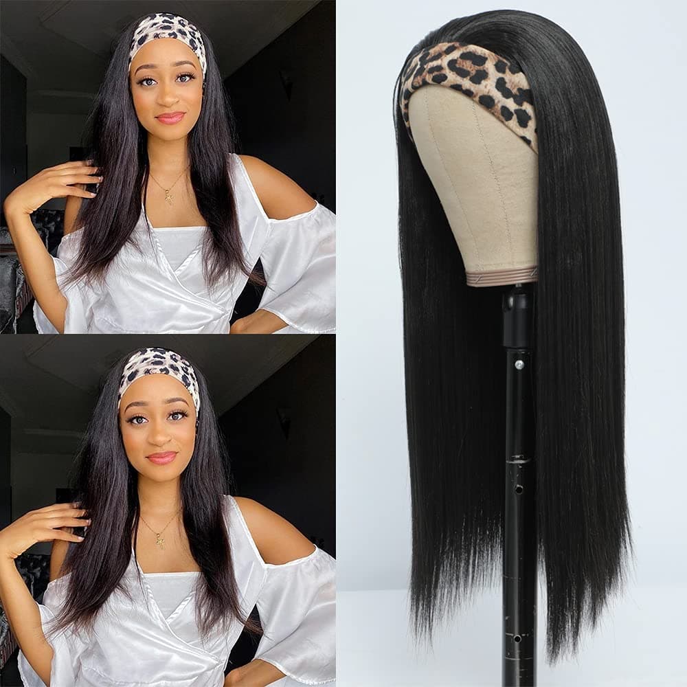 Angels Beauty Straight Headband Wig for Women Black 18 Inch Long Straight Headband Wig Premium Synthetic Headband Wig Natural Glueless None Lace Front Wigs with Headbands & Wig Caps(Black)
