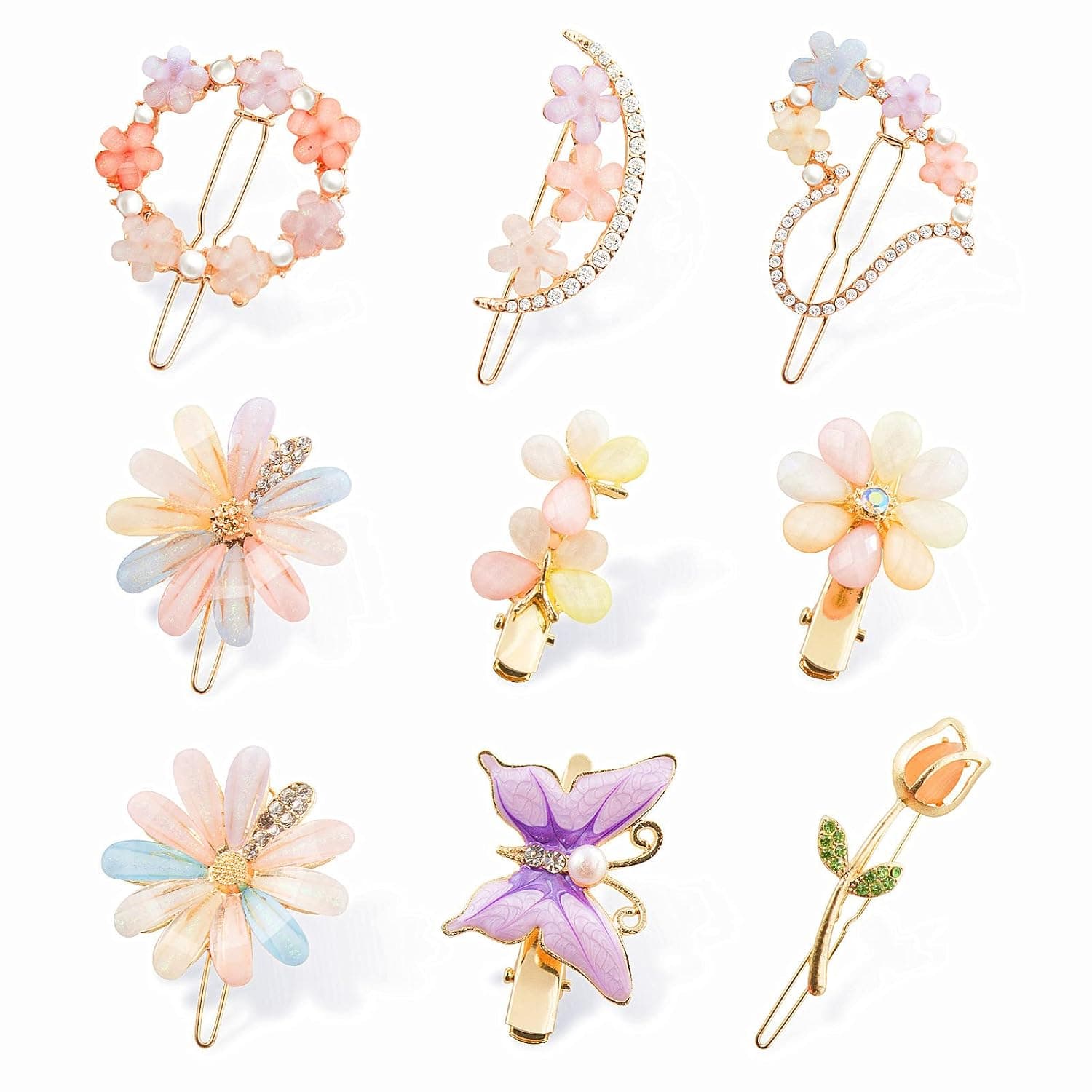 MORIKOKI 9PCS Flower Hair Clip Barrettes for Girls Women, Cute Rhinestone Decorative Bobby Pins, Metal Gold Hair Accessories Hair Pins