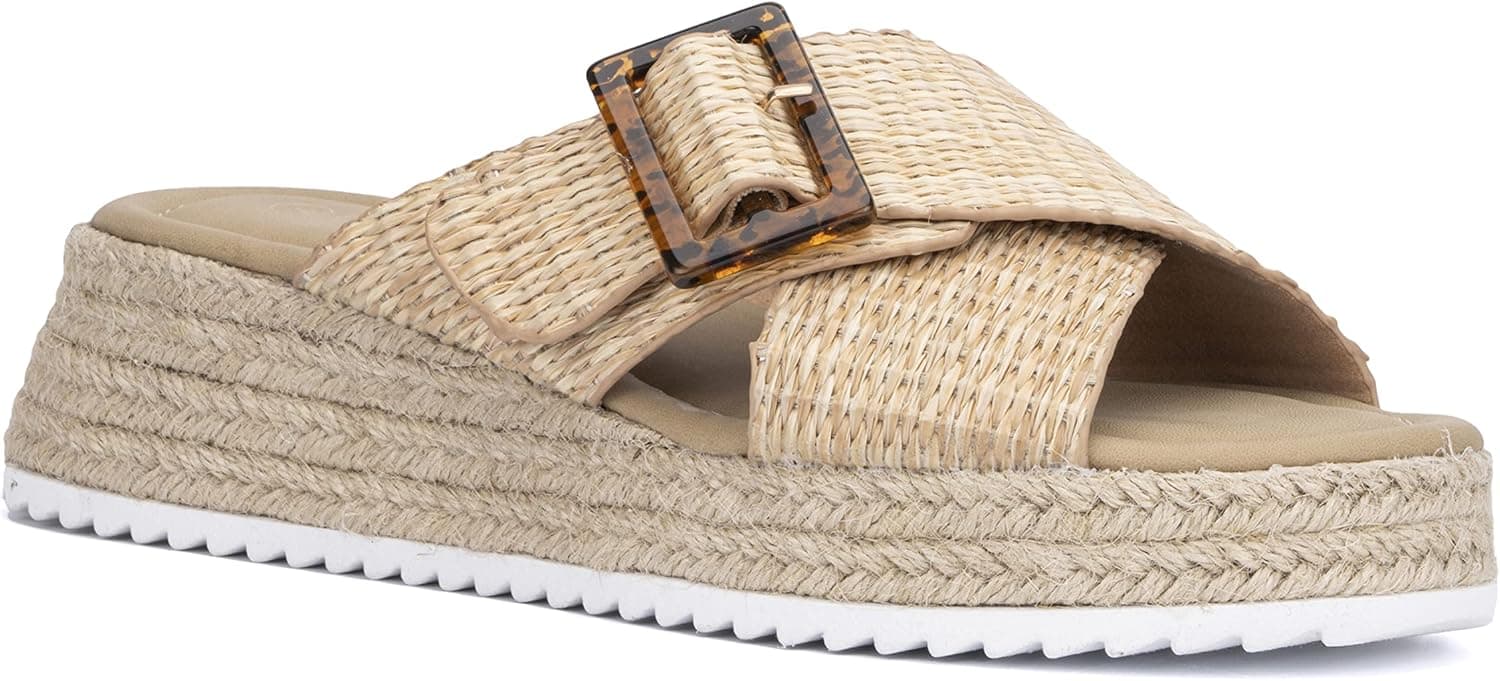 Olivia Miller Women’s Fashion Ladies Shoes, Criss Cross Strap n Buckle Espadrille Flatform, Trendy Party Slide On 2 Inch Mid Low Chunky Platform Fashion Heeled Sandals