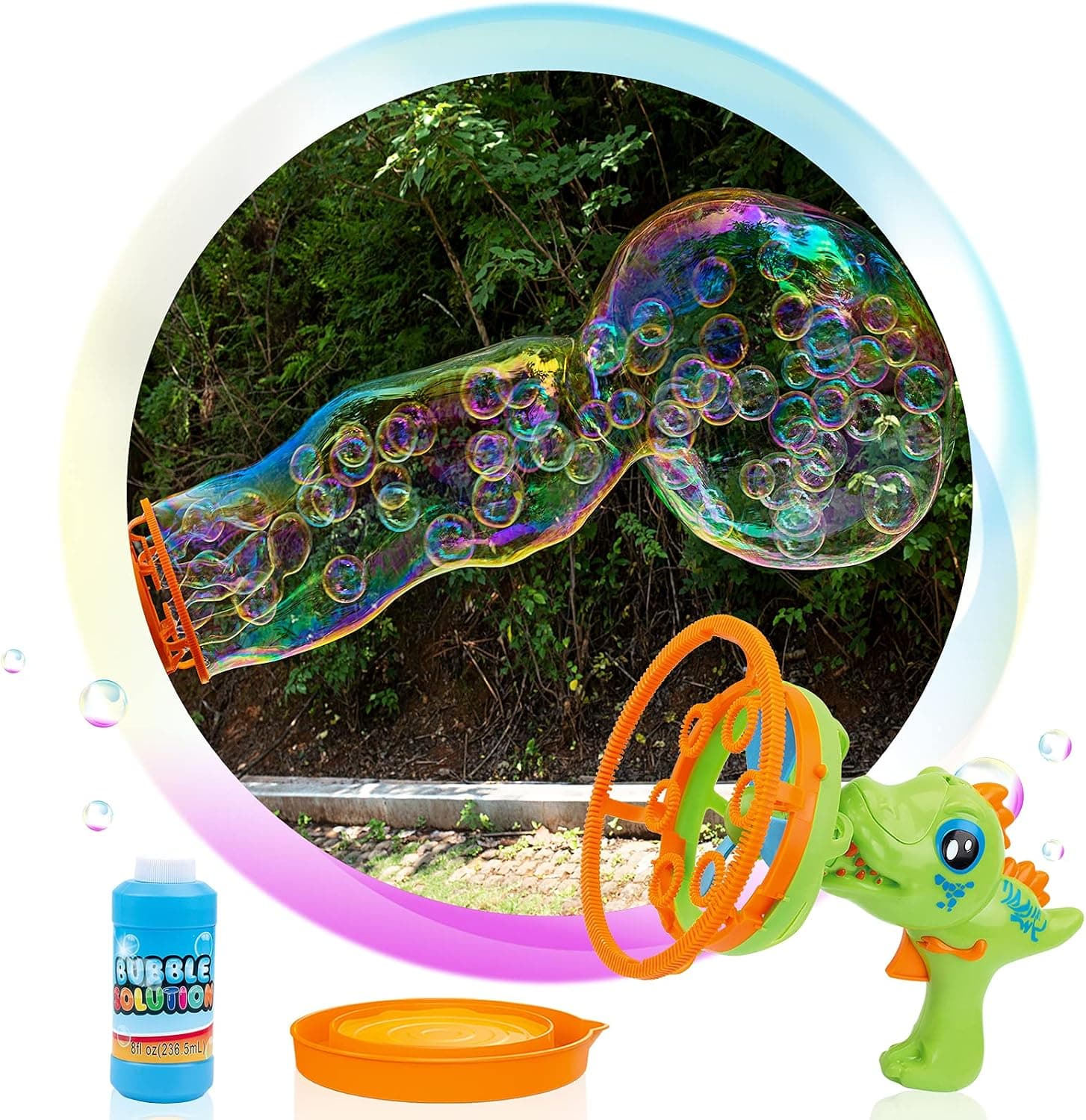 3 in 1 Dinosaur Bubble Gun, Bubble Machine for Kids, Children's Outdoor Bubble Toys, Small Bubbles, Big Bubbles or Bubbles in Bubbles, with 8 oz of Bubble Liquid, Suitable for Adults and Children