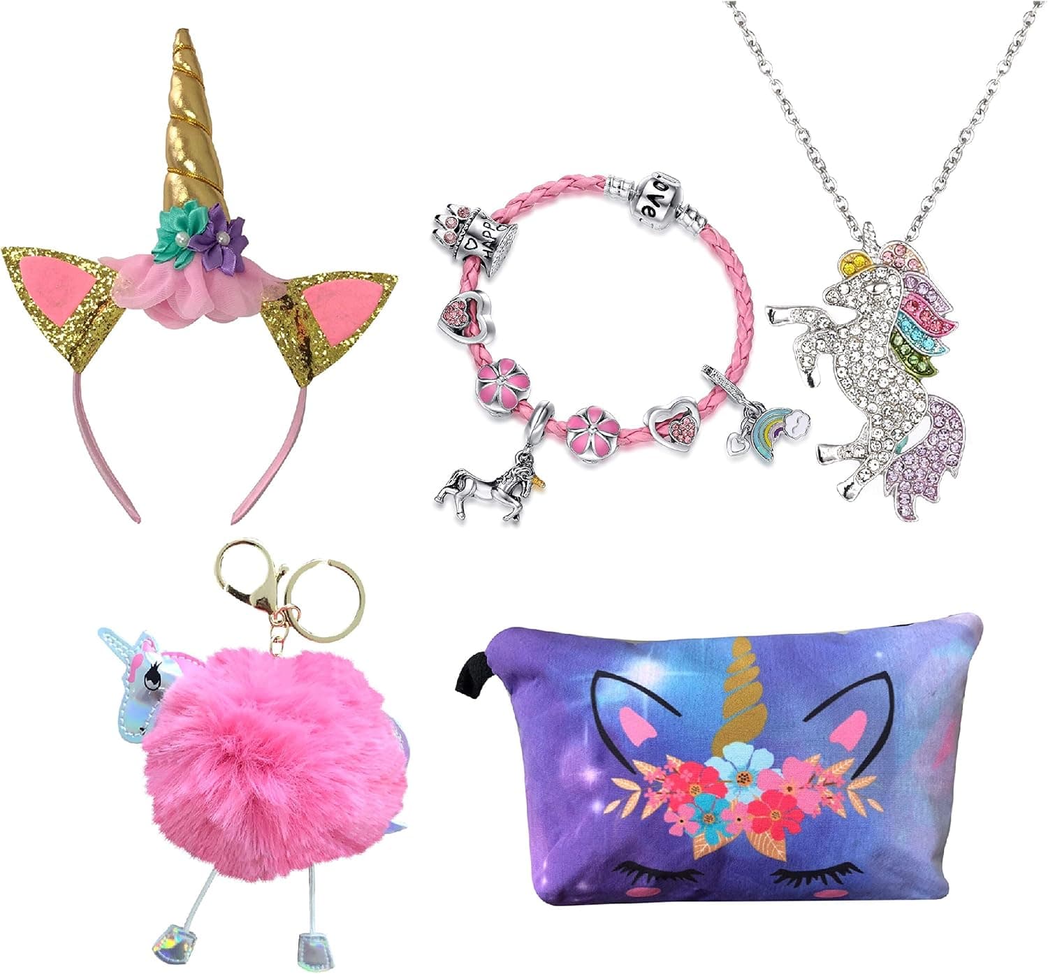 Cesriter 5 Piece Unicorn Gift Set - Unicorn Makeup Bag/Unicorn Pink Charm Bracelet/Unicorn Necklace/Unicorn Keychain/Unicorn Headband (Purple Unicorn, 6.5inch Bracelet)