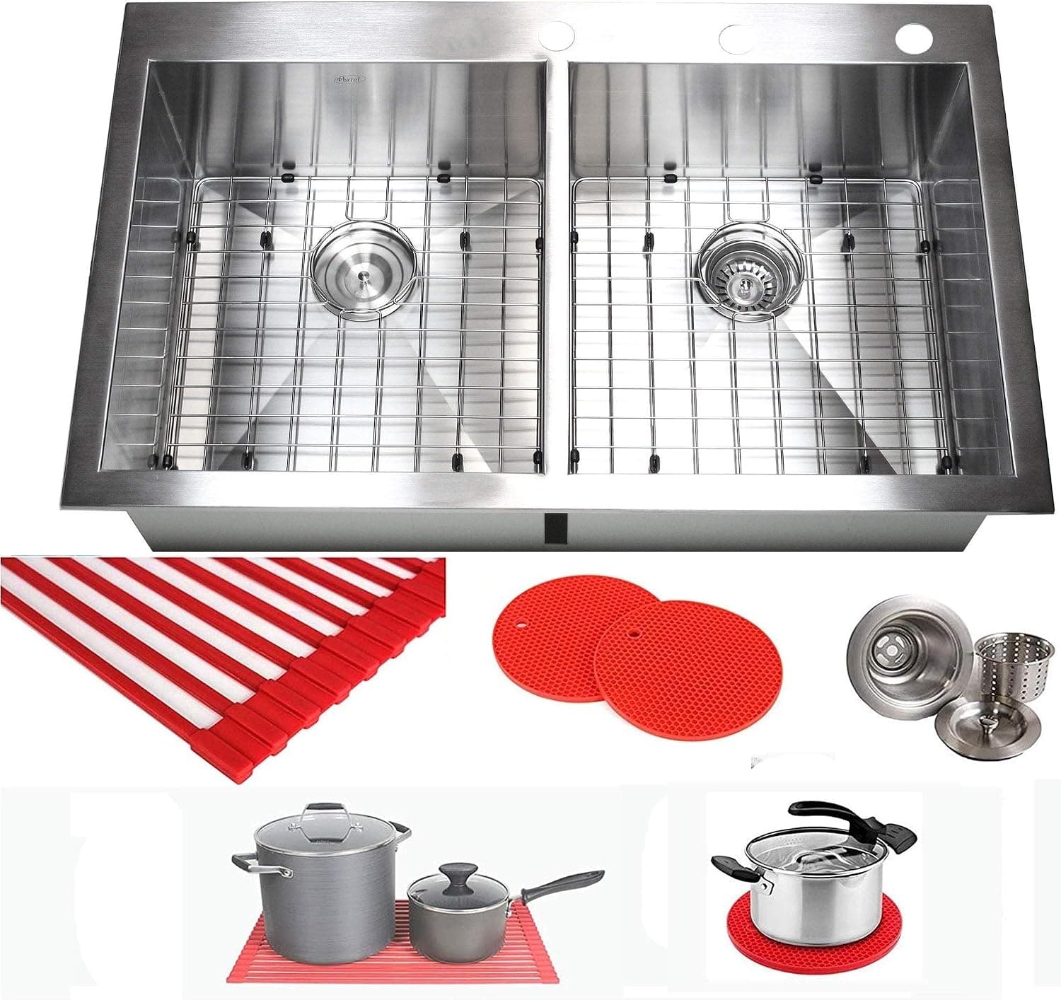 Ariel 36 Inch Zero Radius Design 16 Gauge Topmount Drop In Over the Counter Large Double Bowl 5050 Stainless Steel Kitchen Sink Premium Package