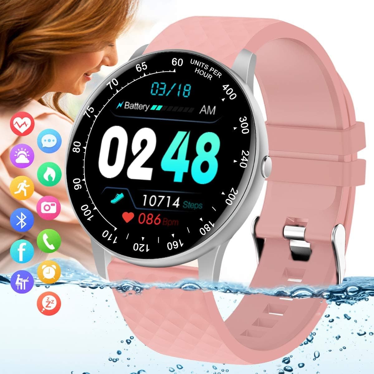 Peakfun Smart Watch with Heart Rate Blood Pressure Monitor IP67 Waterproof Bluetooth Smartwatch Smart Sports Activity Tracker Watch for Men Women Kids Android iOS Phones Pink