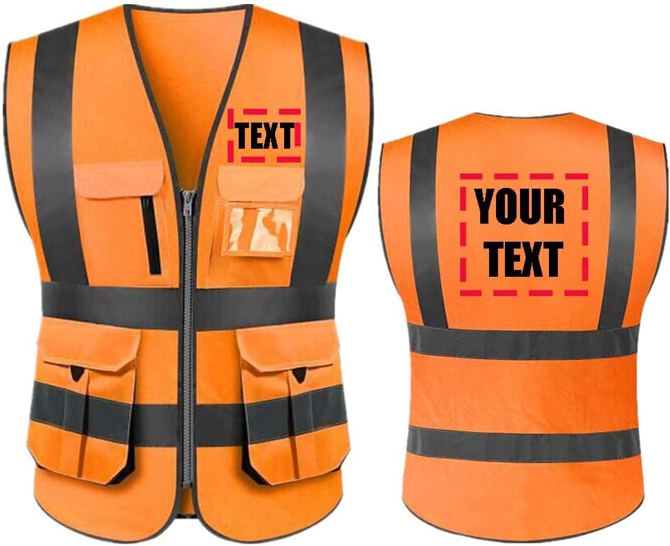 yunzhenbusiness Add Your Name Text on High Visibility Reflective Safety Vest Class 2 ANSI Custom Your Text Protective Workwear 5 Pockets With Reflective Strips Outdoor Work Vest(Orange M)
