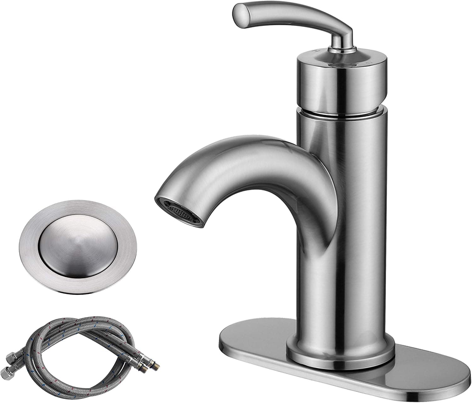 RKF Single Handle Bathroom Sink Faucet One Hole Deck Mount Lavatory Faucet with pop-up Drain with Overflow and CUPC Water Supply Hoses,Brushed Nickel. BF003SP-BN